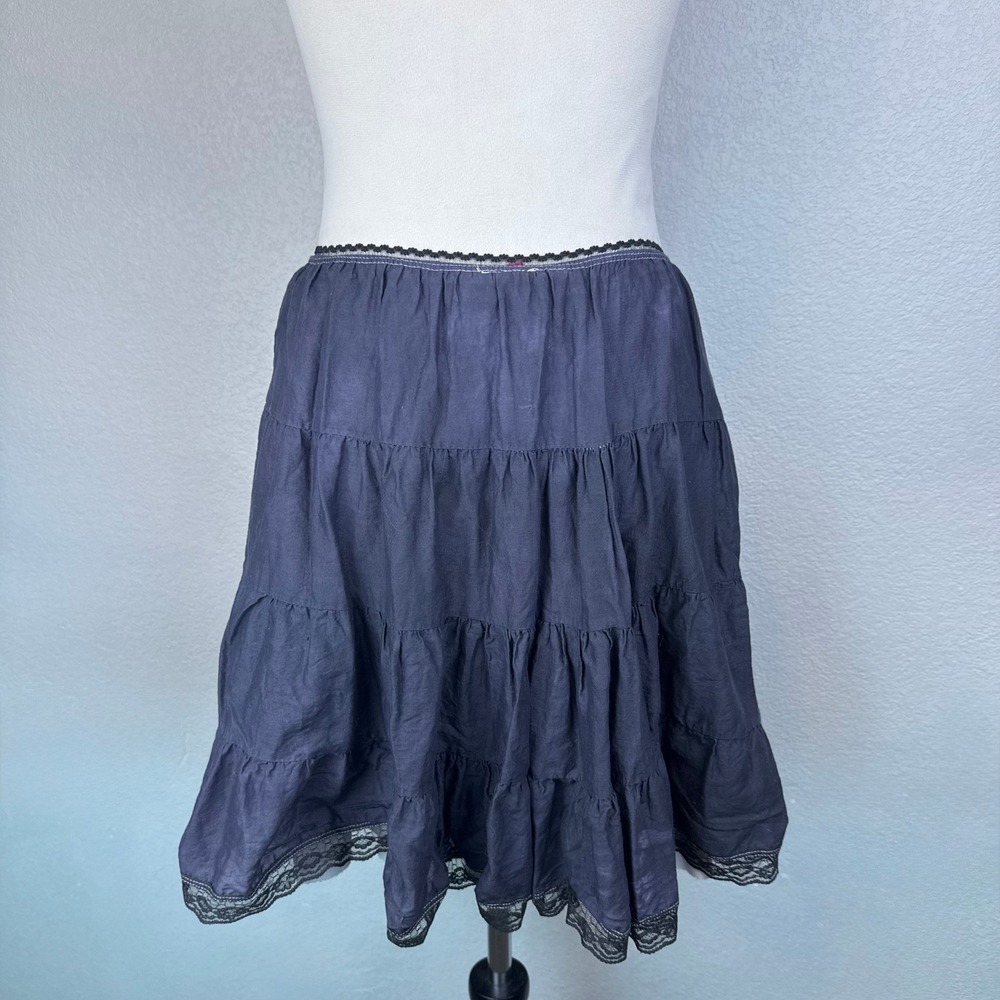 Y2K Julie's Closet Womens Tiered Ruffle Boho Skirt Lace Trim Charcoal Grey Sz M - Picture 4 of 8